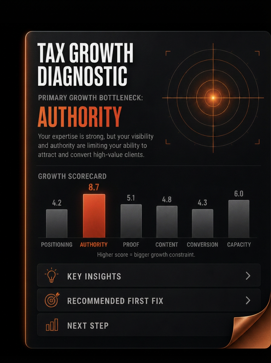 Tax Growth Diagnostic preview showing the Growth Scorecard with authority identified as the primary growth bottleneck
